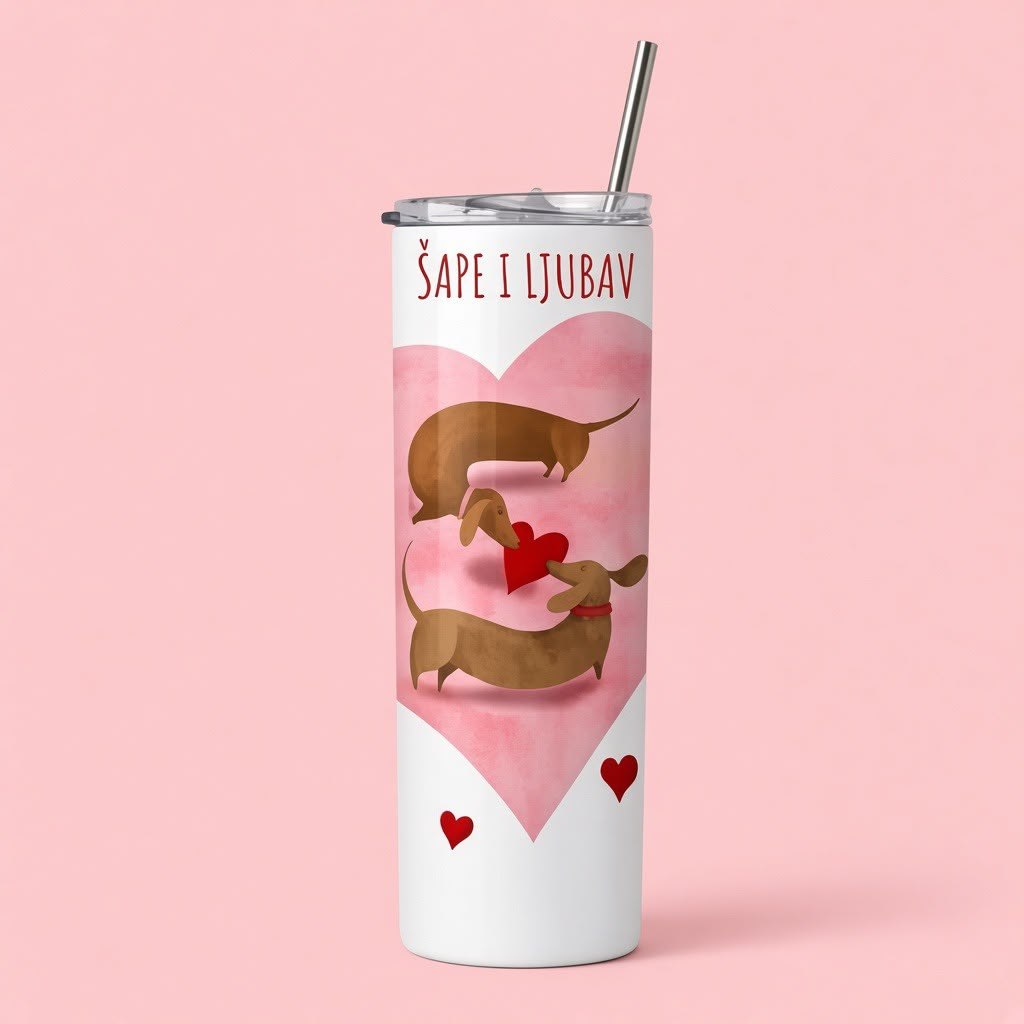 Beli veliki tumbler sa ručkom, crtežom jazavičara u srcu i natpisom Šape i ljubav